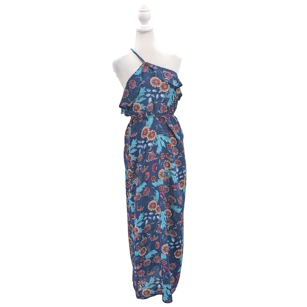 Monteau Navy Floral One Shoulder Ruffle Boho Cinch Waist Maxi Dress Size Small